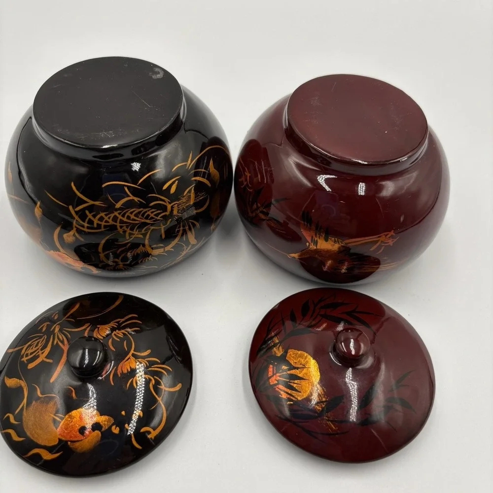 Vtg Asian lacquerware trinket boxes Set Of 2 hand-painted Red Black